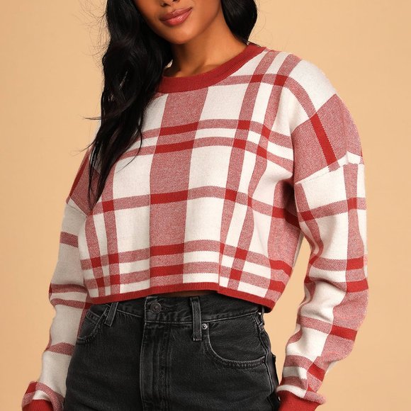 Lulu's - Gingham After Class Rust Red Plaid Pullover Sweater Top - Picture 2 of 5